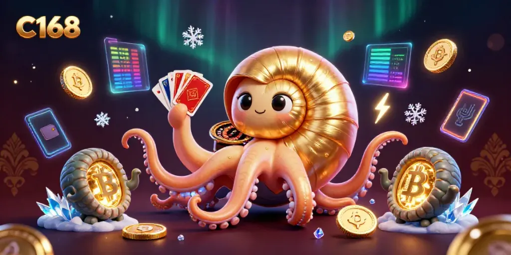 C168 offers an engaging casino experience with a vibrant 3D illustration featuring a nautilus roulette wheel and crypto coins.