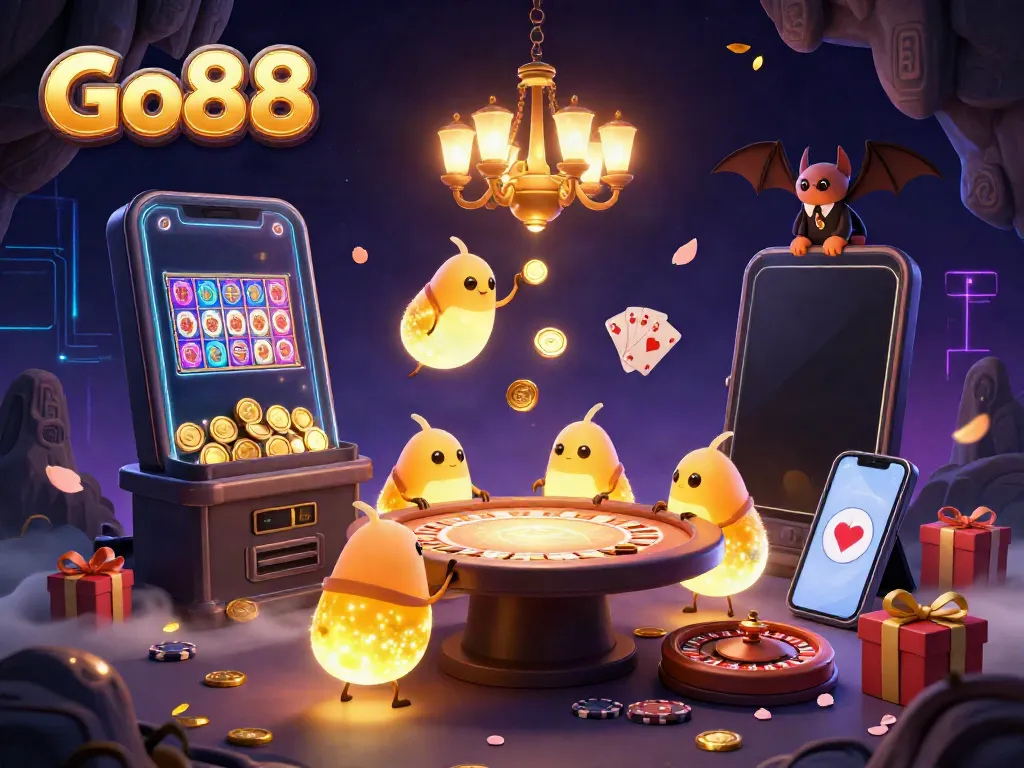 Experience the vibrant Go88 casino scene illuminated by glowworms and a bat dealer.