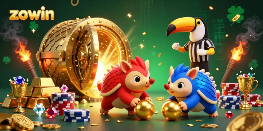 Join the action with Zowin in this vibrant casino scene where pangolins roll through poker chips.