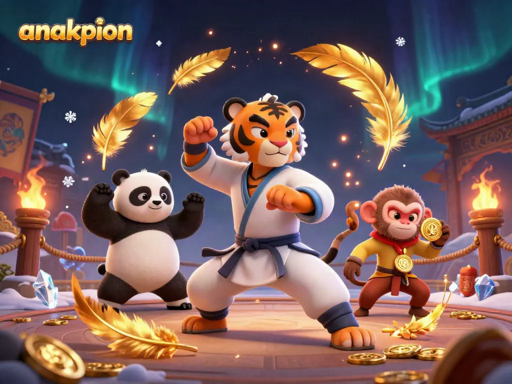 Anakpion offers thrilling online gambling experiences with a dynamic scene of a kung fu tiger master, panda disciple, and monkey student.