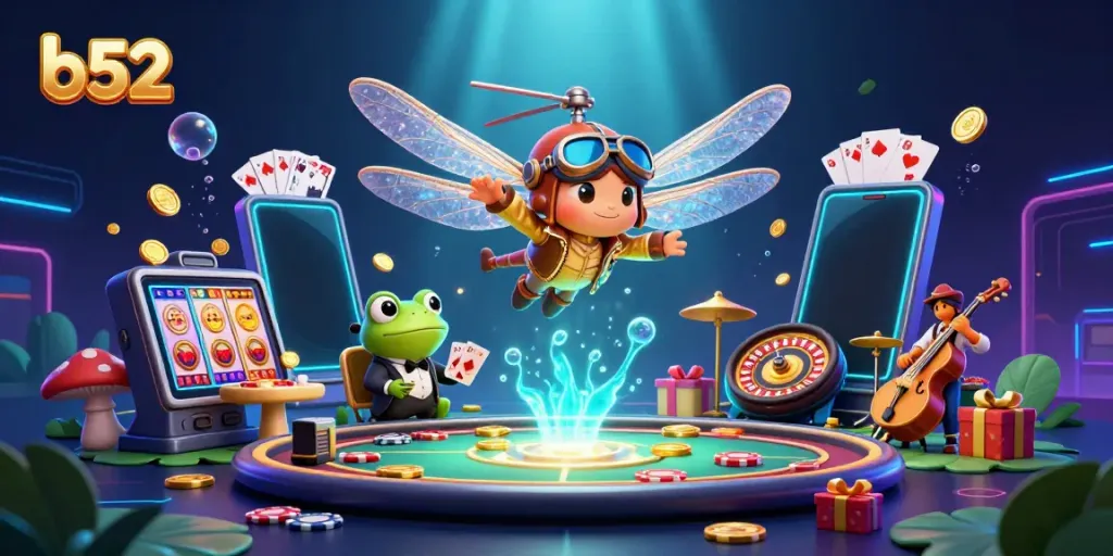 Experience thrilling gaming adventures at b52 with vibrant visuals and engaging characters in a lively casino scene.