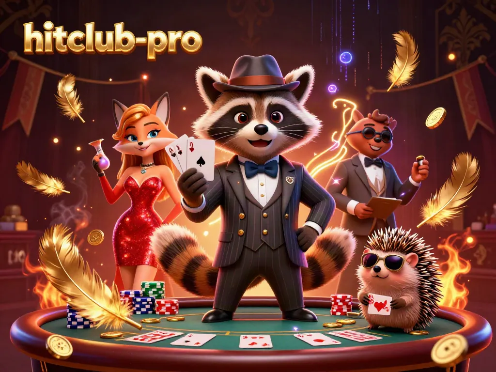 Experience the thrill of hitclub-pro with a charming raccoon, fox lady, and hedgehog bouncer at a vibrant poker table.