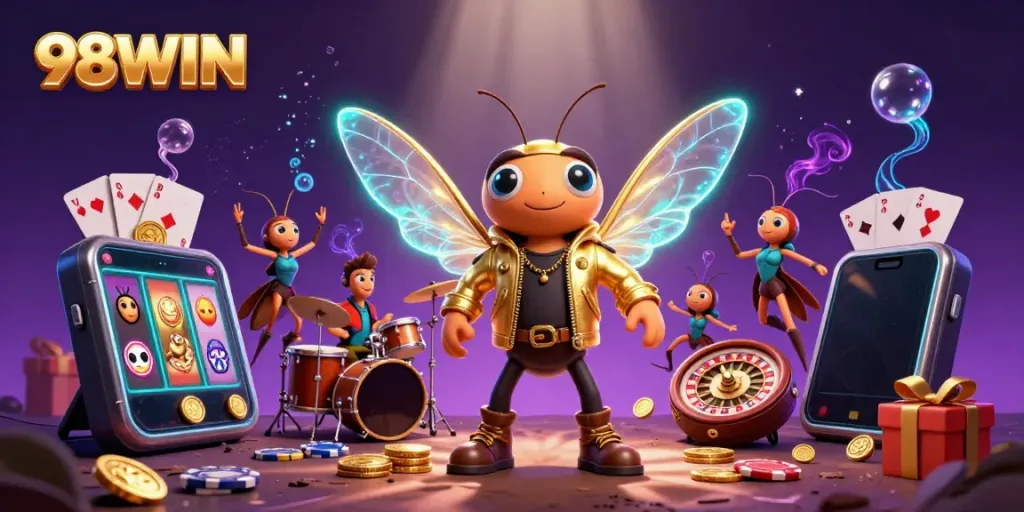 Engage with 98WIN’s electrifying gaming scene featuring vibrant characters celebrating wins.
