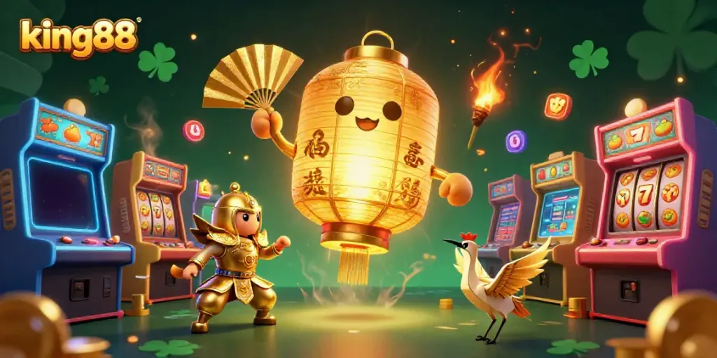 Engage with king88's vibrant casino atmosphere filled with golden characters and dynamic game elements.