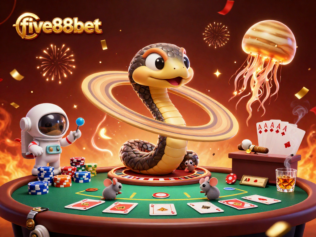 Cheerful astronaut mice bet on five88bet’s cosmic roulette wheel amidst shimmering casino atmosphere.