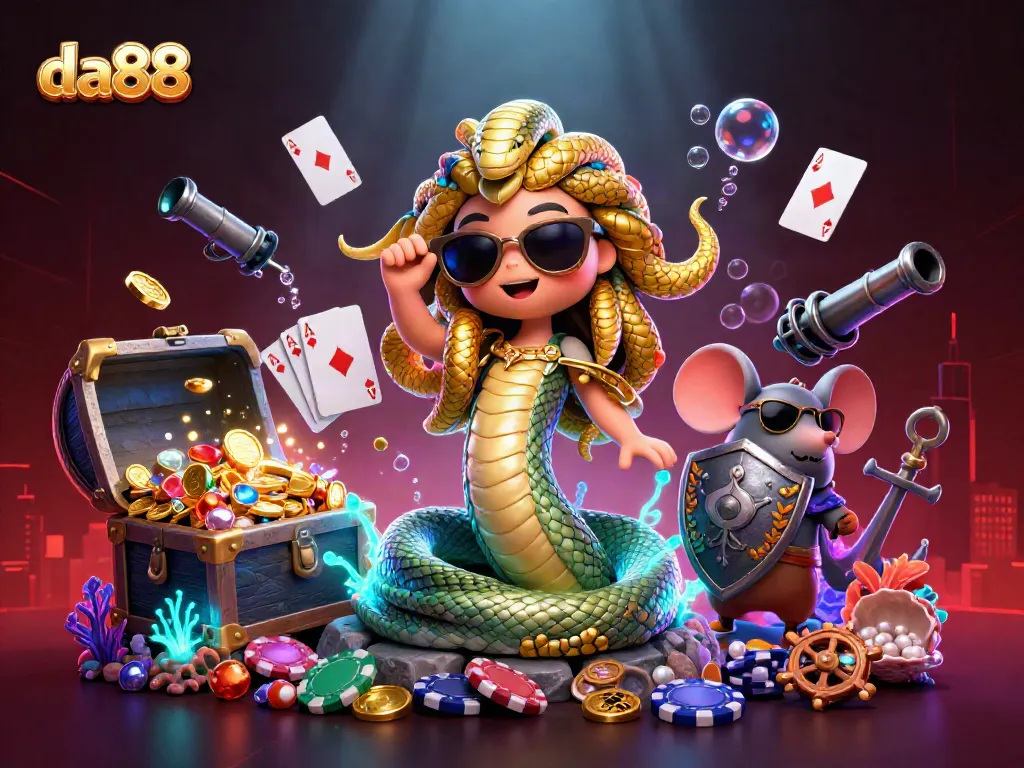 Engage with da88's lively poker action featuring Medusa and a warrior in a dynamic 3D scene.