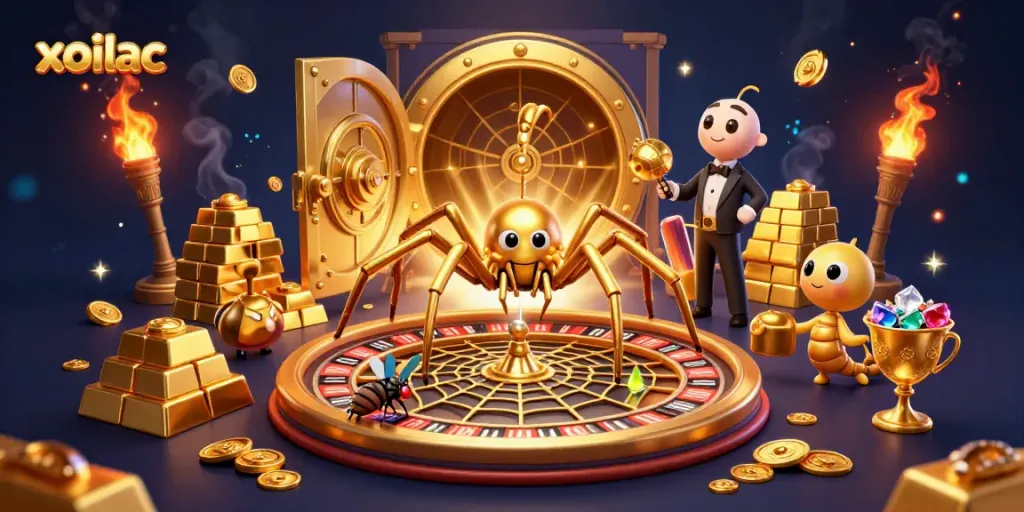 Experience the excitement of xoilac with a dynamic 3D scene showcasing gambling elements and stunning visuals.