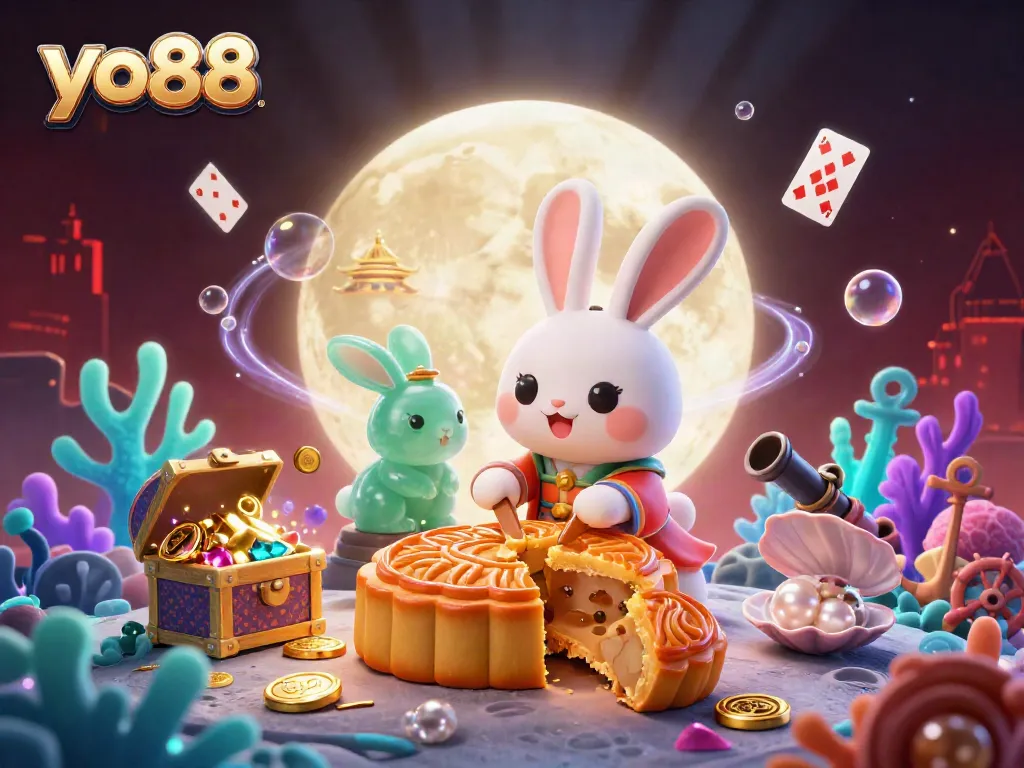 Play poker and celebrate wins at yo88 with a vibrant 3D casino scene capturing a mystical moon rabbit.
