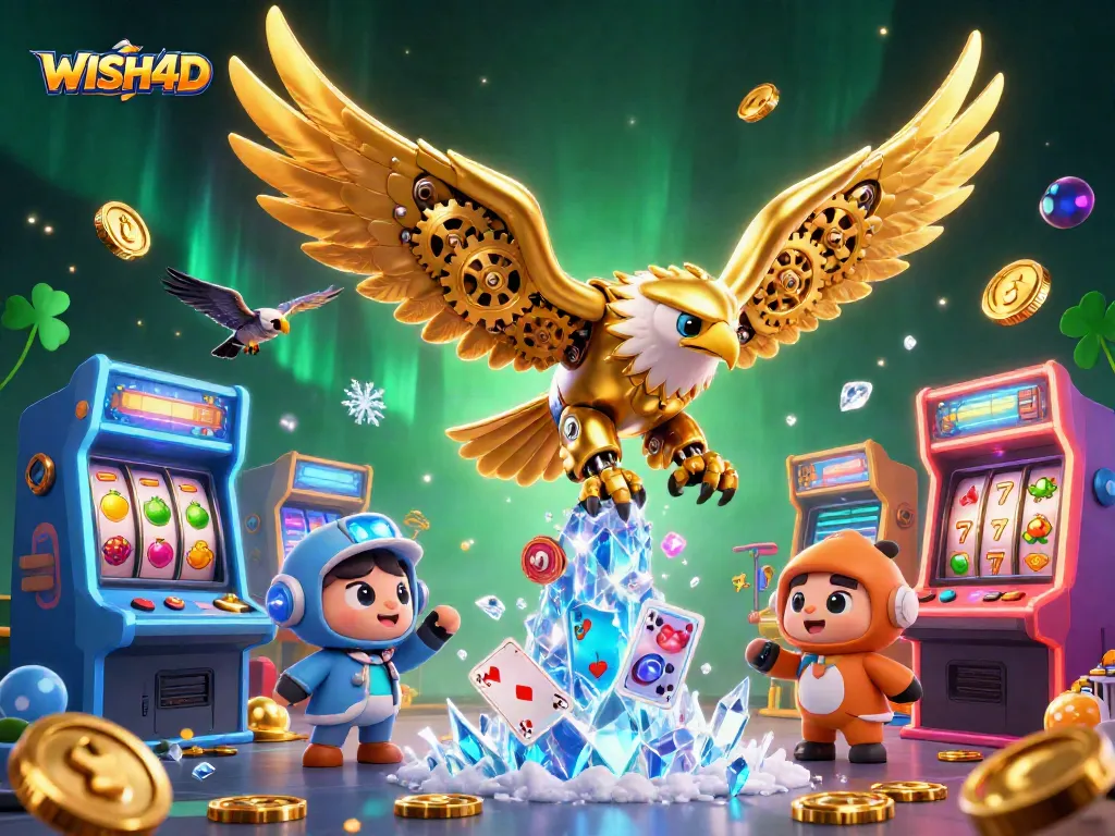 Engage with WISH4D's thrilling slot experience featuring a golden eagle and dynamic casino elements.