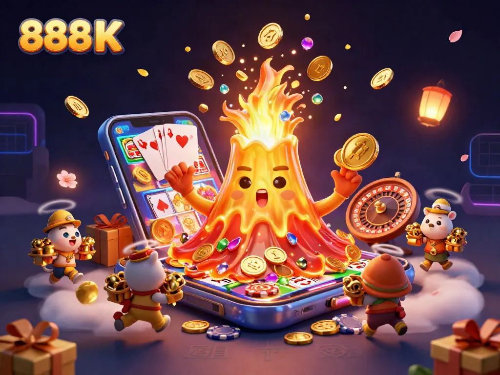 Experience thrilling slots and jackpots at 888 K with a vibrant scene of adventure and wins.
