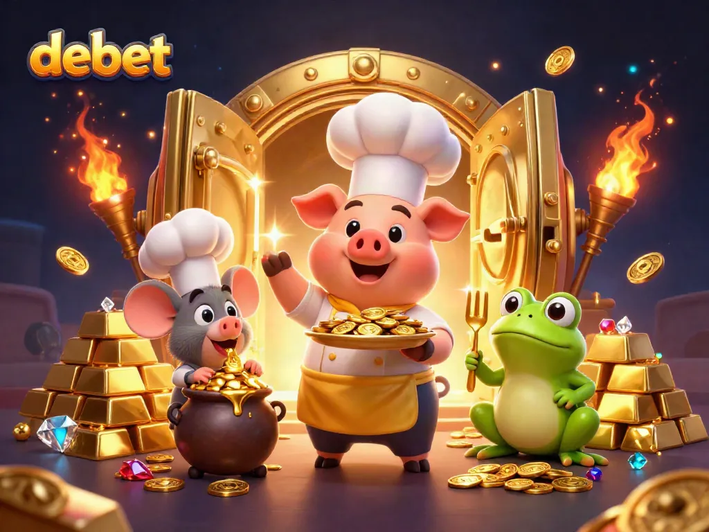 Experience debet with a vibrant 3D scene featuring characters and gold treasures highlighting online gambling.