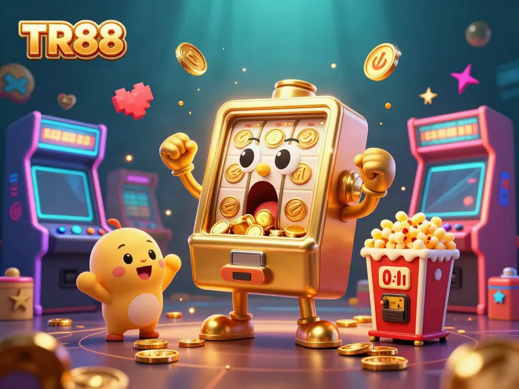 TR88 slot machine jackpot scene with animated characters celebrating winnings and vibrant casino elements.