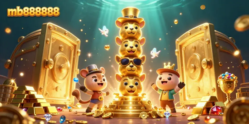 Engage with thrilling games at mb888888 featuring vibrant 3D casino illustrations of golden treasures.