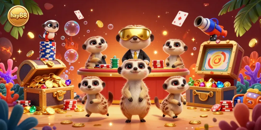 Engage in thrilling casino action with hay88 as meerkats manage a vibrant gambling operation filled with treasures and colorful elements.