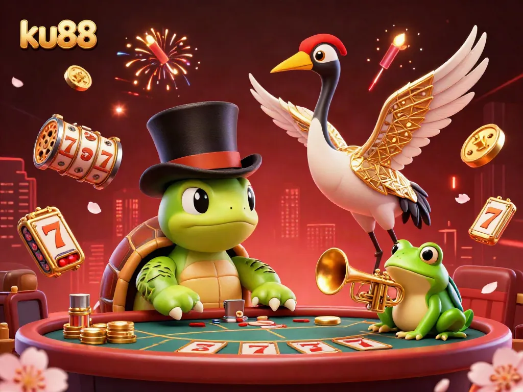 Experience thrilling casino action with ku88, alongside fun characters and vibrant gambling elements.