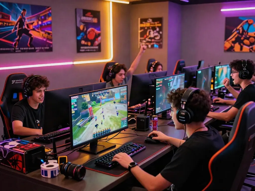 Kilat404 gamers immersed in a thrilling multiplayer session in a modern gaming lounge.