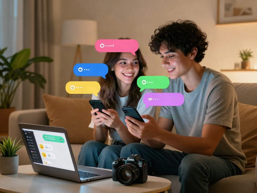 Engaging ai sexting scene with a couple sharing flirty messages in a cozy home setting.