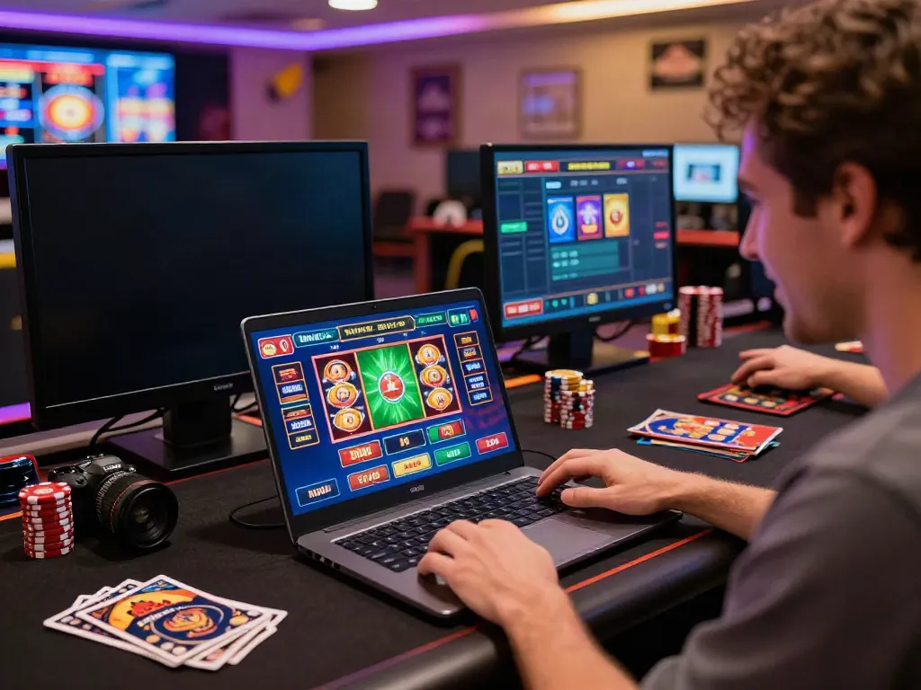 Engaging gaming atmosphere at man88 online casino with colorful graphics and excited player interaction.