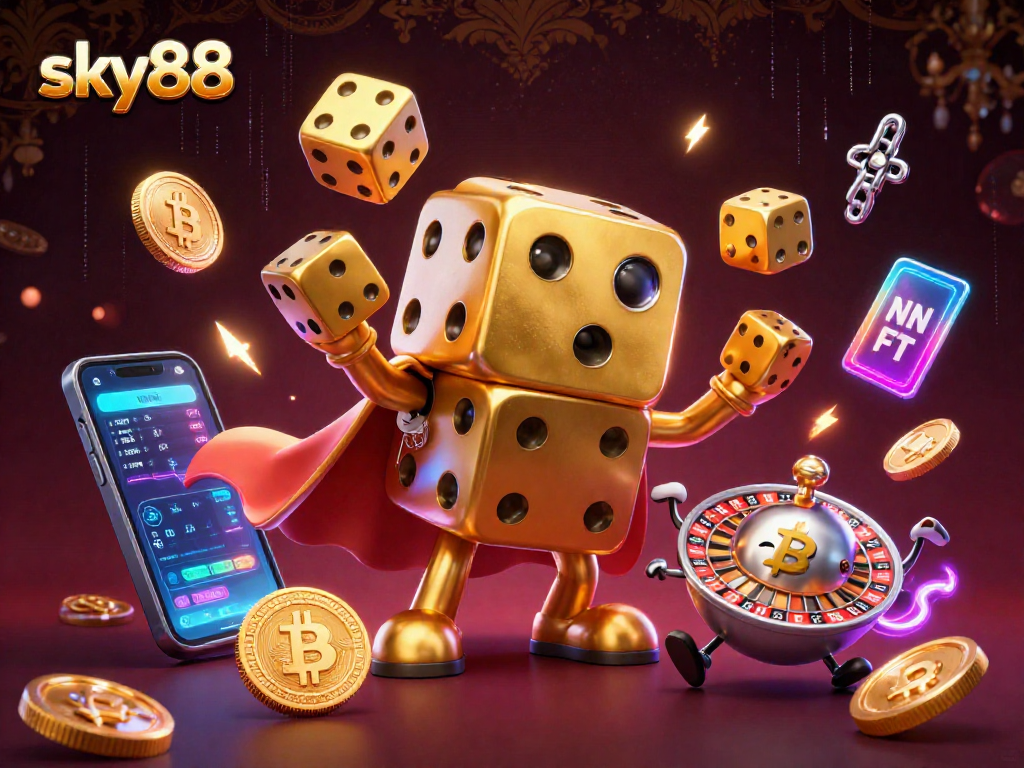 Win big at sky88 with 3D characters juggling golden dice amidst crypto elements and dynamic casino atmosphere.