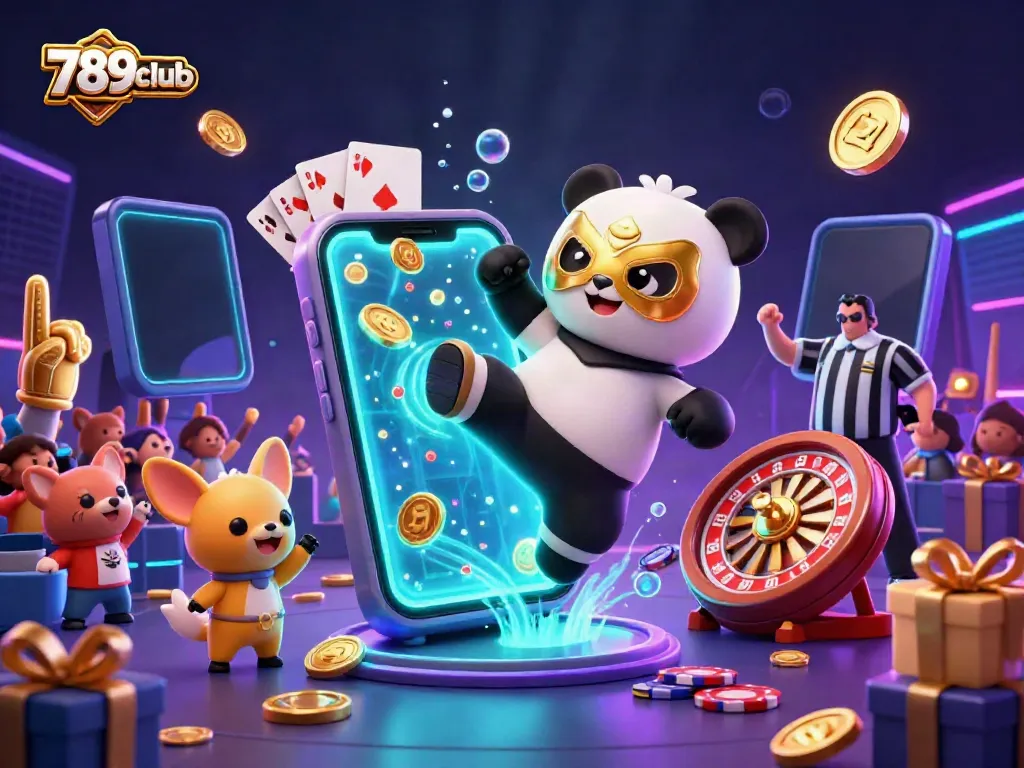 Engage with 789club's vibrant slot game scene featuring a panda and chihuahua in exciting action