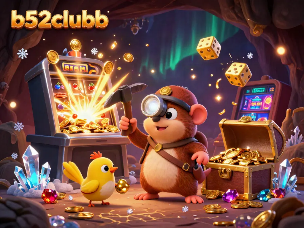 Engage with b52clubb's vibrant casino adventure featuring a treasure hunter and a canary amidst slot machines and sparkling gems.