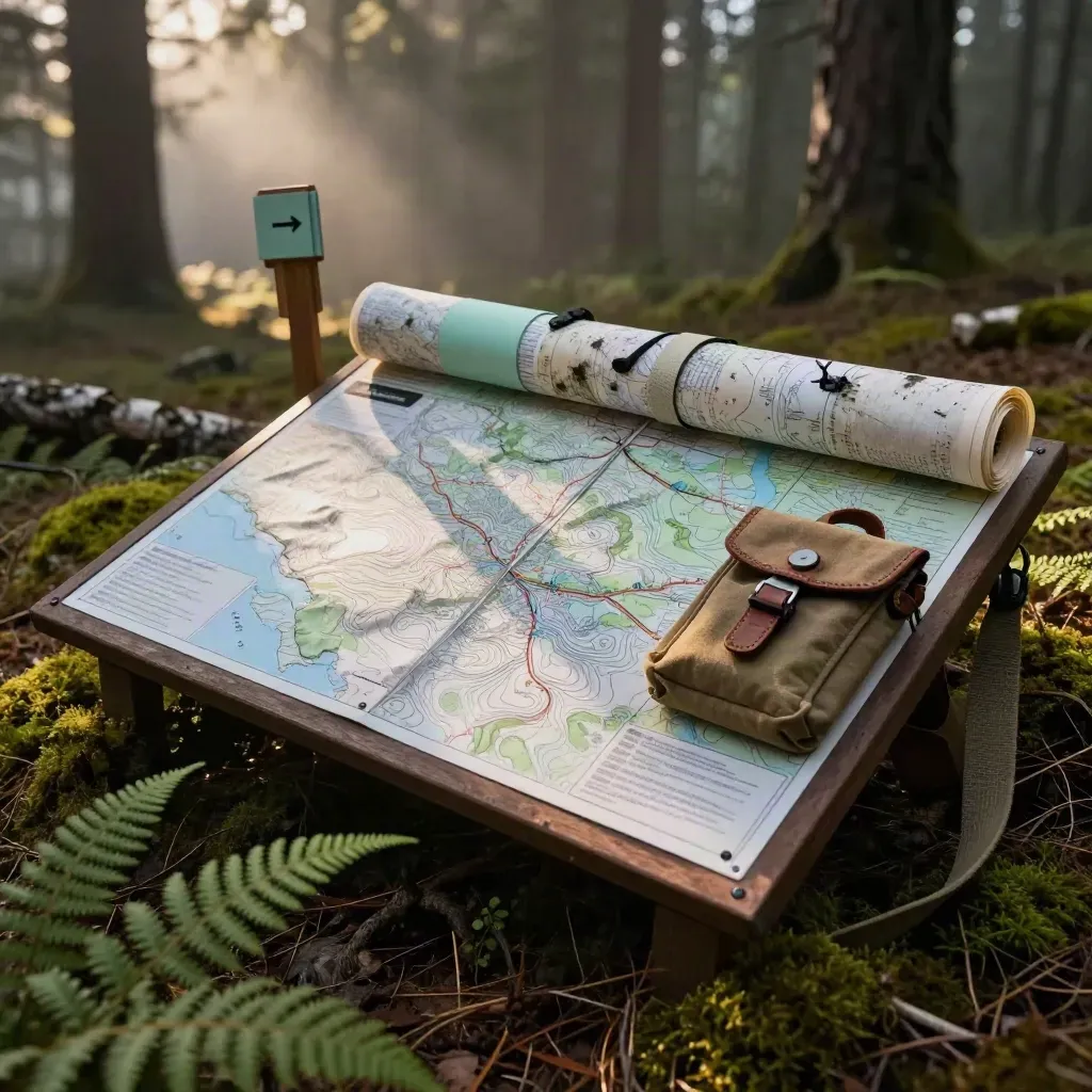 Leśna stacja mapowa z tablicą topo, znacznikami szlaku i gotowym zestawem terenowym we mgle.
