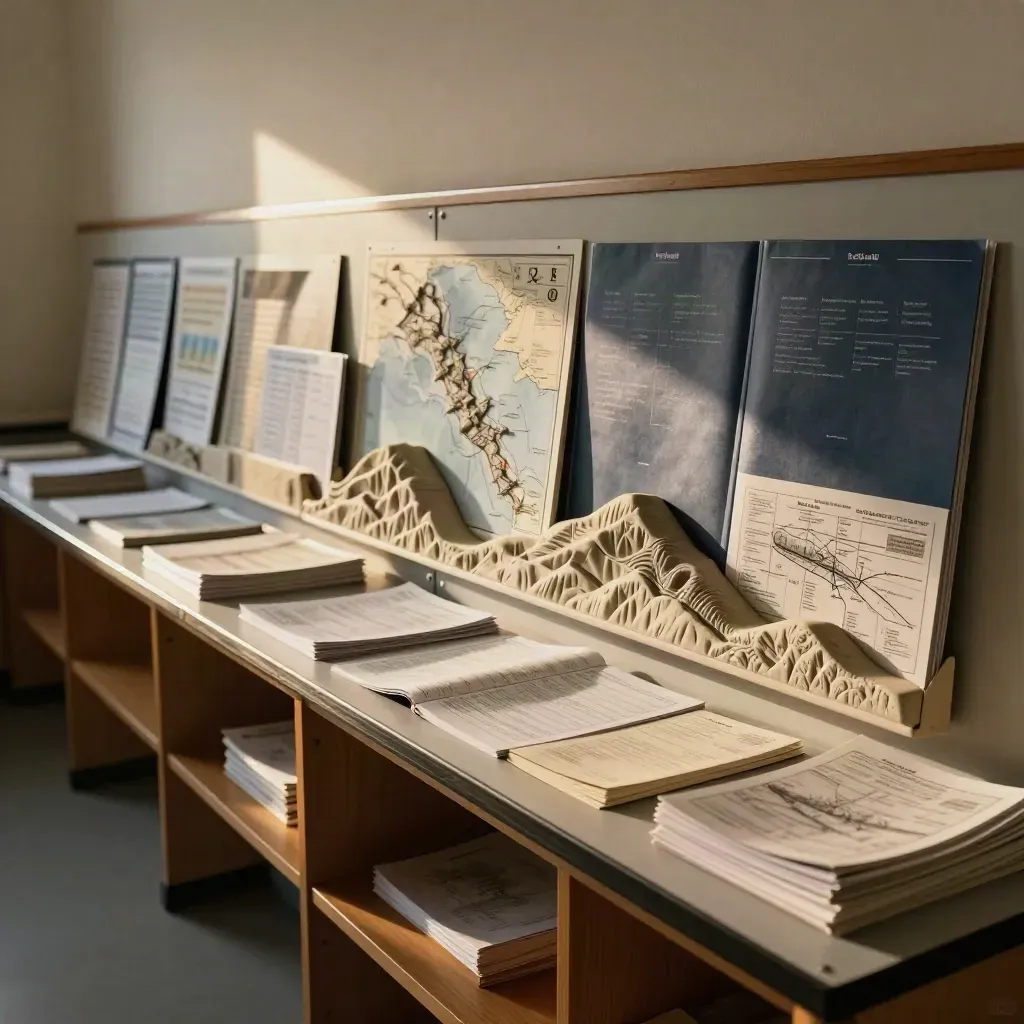 Półka z modułami geografii, makieta rzeźby terenu i zestawy kursów w pustej pracowni.