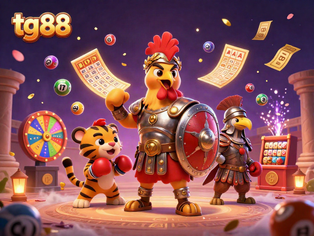 Engage in thrilling gameplay at tg 88, featuring dynamic lottery balls, a gladiator rooster, and vibrant prize elements.