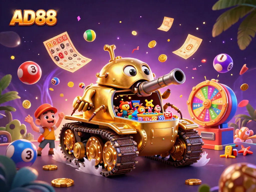 Engage with exciting games at AD88, featuring a golden beetle tank casino and vibrant lottery elements.