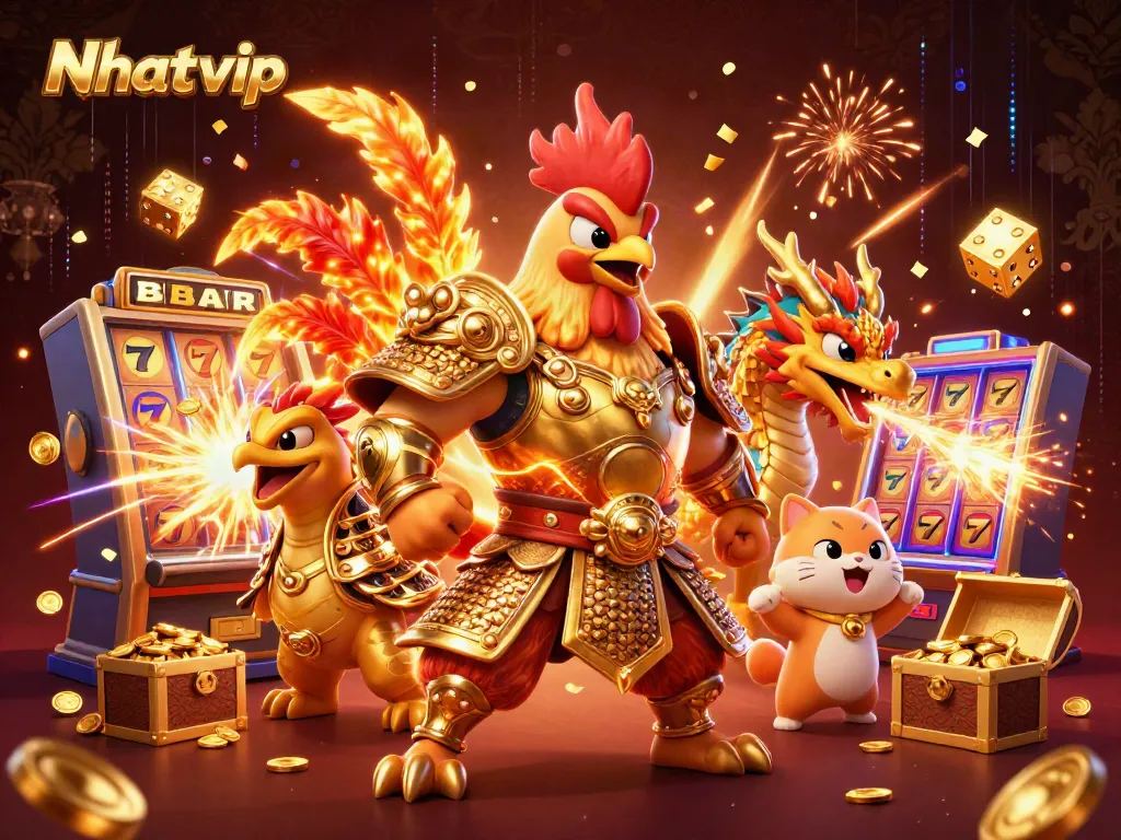 Nhatvip features a dazzling gaming scene with a rooster warrior, armored dragon, and vibrant jackpots bursting with coins.