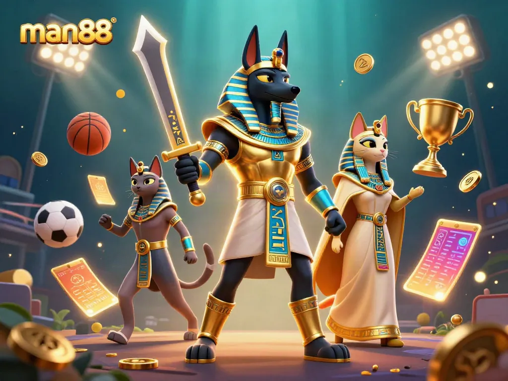 Experience the excitement of man88 with Anubis and Bastet in a dynamic casino scene.