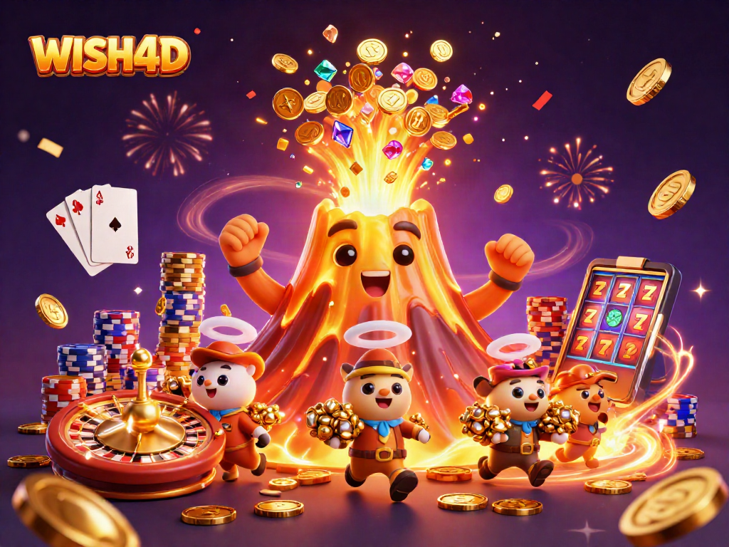 Experience the excitement of WISH4D as a golden volcano erupts with treasures and gaming action.