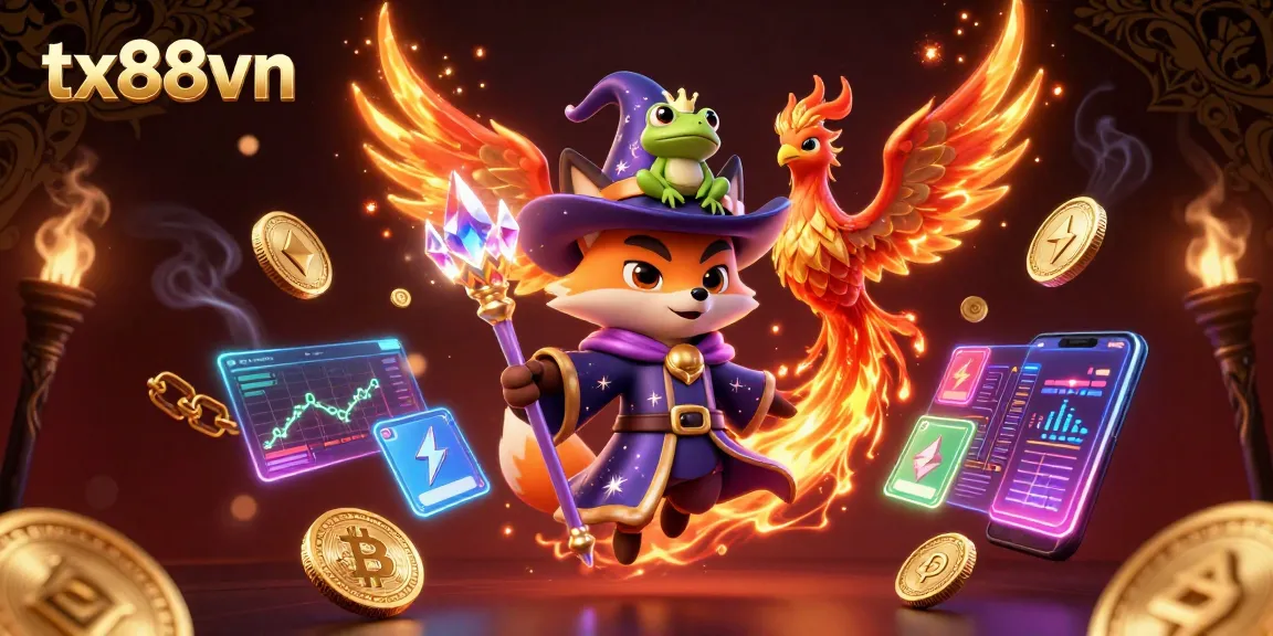 Experience exciting gaming adventures at tx88vn with a mystical wizard fox and phoenix in a dynamic casino setting.