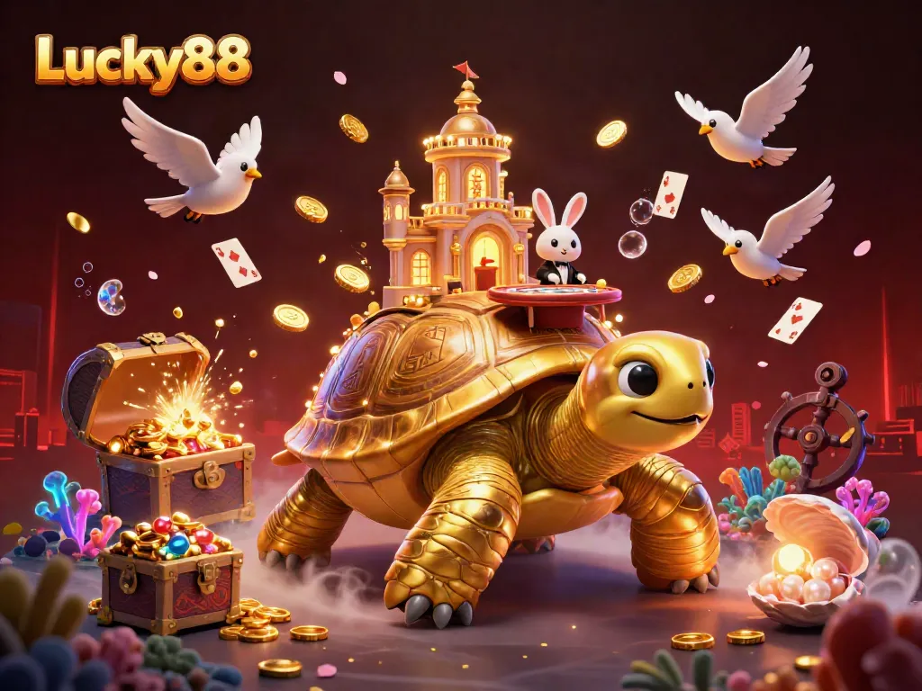 Experience thrilling gaming at Lucky88 with a rich 3D scene of a tortoise casino, dealer, and birds.