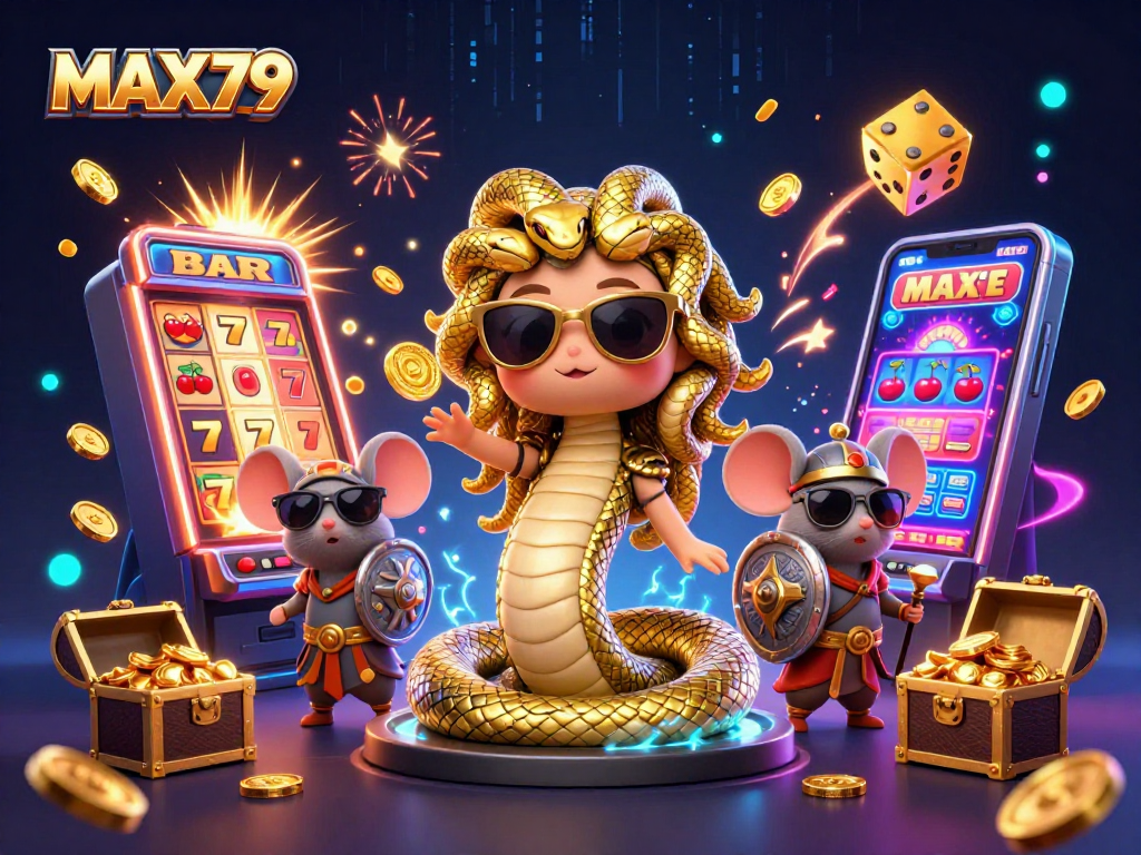 MAX79 interactive slot experience with Medusa and a warrior mouse in a vibrant, rich casino-themed scene.