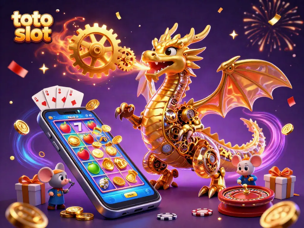 Engage in thrilling toto slot gameplay with a dragon, coins, and festivities