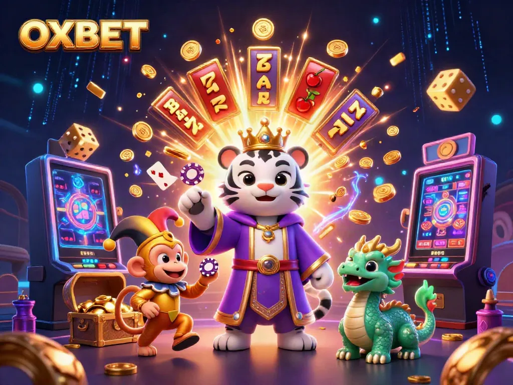 Experience thrilling gaming at OXBET with a vibrant illustration of characters and casino elements.