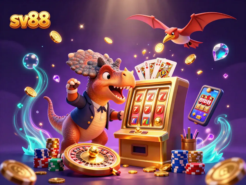 Experience gaming excitement at sv88 with a cartoon pteranodon capturing golden coins from a jackpot.
