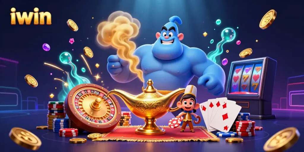 Iwin's dynamic gambling world comes alive with a genie, treasures, and poker chips.