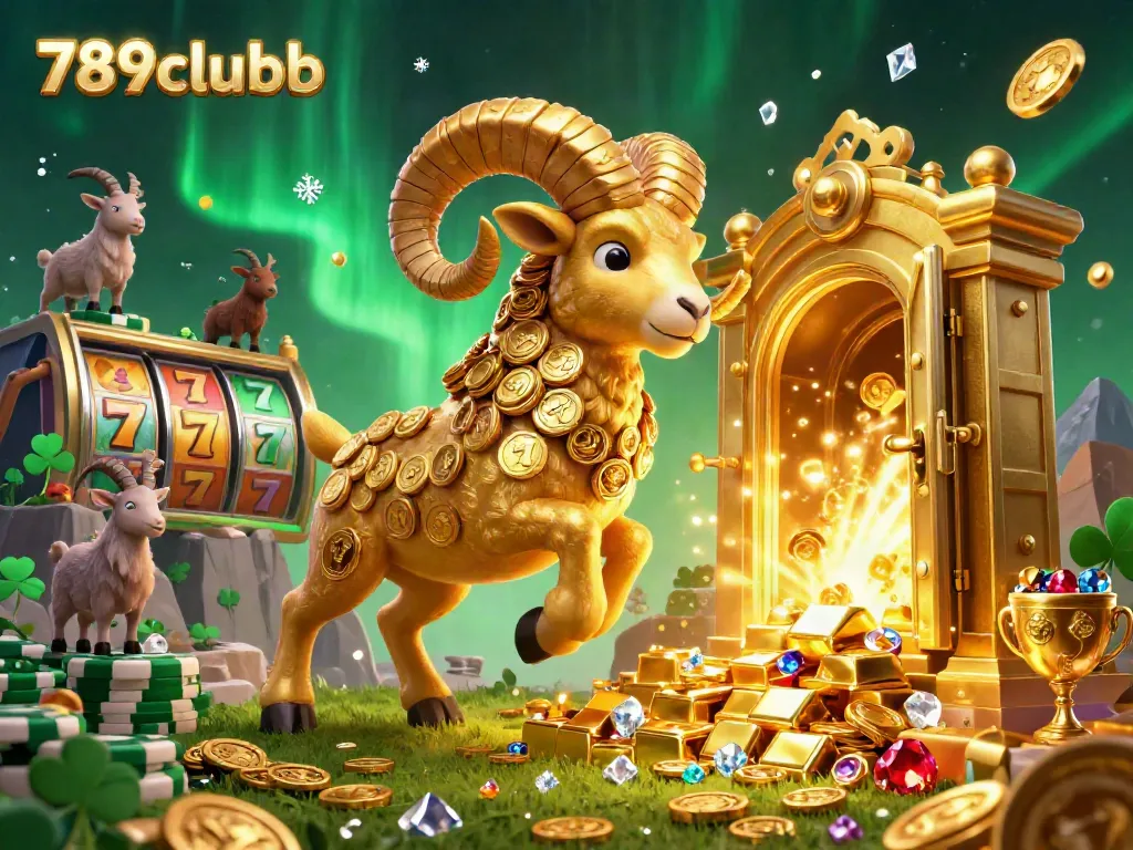 Experience thrilling gaming action with 789clubb as the golden ram charges through a treasure-filled casino scene.