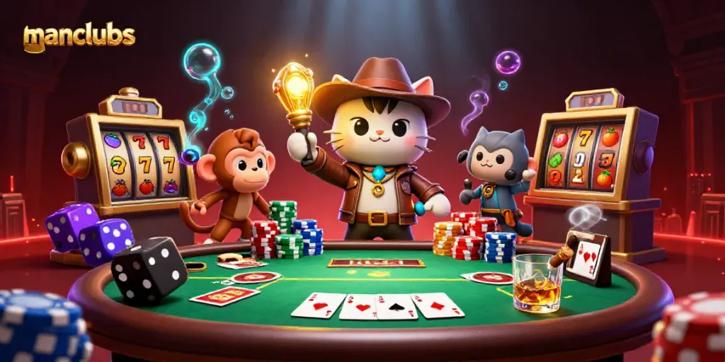 manclubs themed illustration showing a cartoon cat and monkey in a vibrant casino adventure