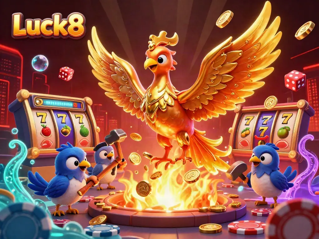 Experience thrilling gameplay at Luck8 with a vibrant scene highlighting a phoenix and casino elements.