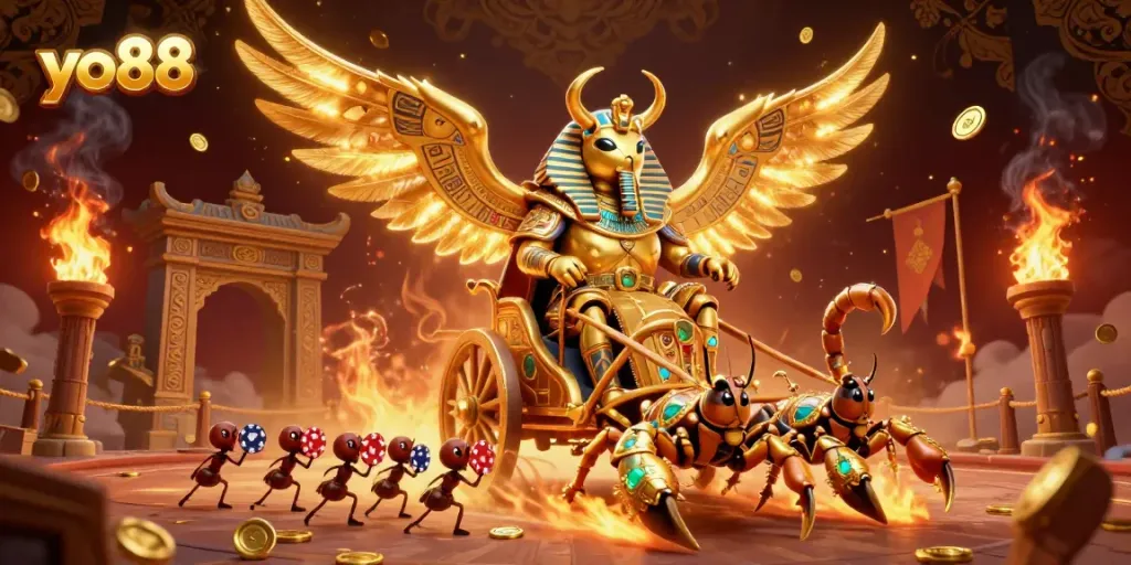 Experience thrilling gameplay at yo88 with a golden scarab beetle chariot and vibrant casino elements.