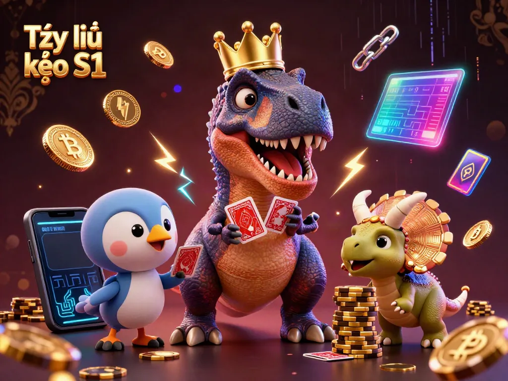 Engage with Tỷ lệ kèo S1 in an exciting 3D casino scene showcasing playful dinosaurs with crypto elements.