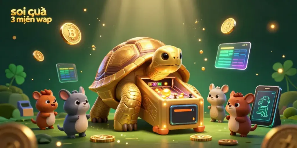 Engage with soi cầu 3 miền wap featuring a dynamic scene of a golden tortoise pinball machine and excited small animals amidst crypto-themed elements.
