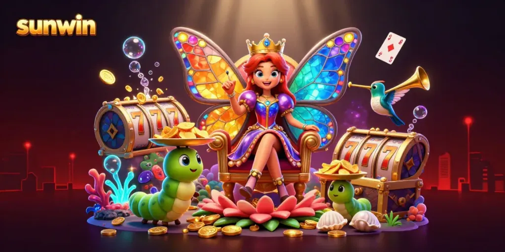 Experience the vibrant sunwin casino world with a butterfly queen, treasure, and dynamic gaming elements.