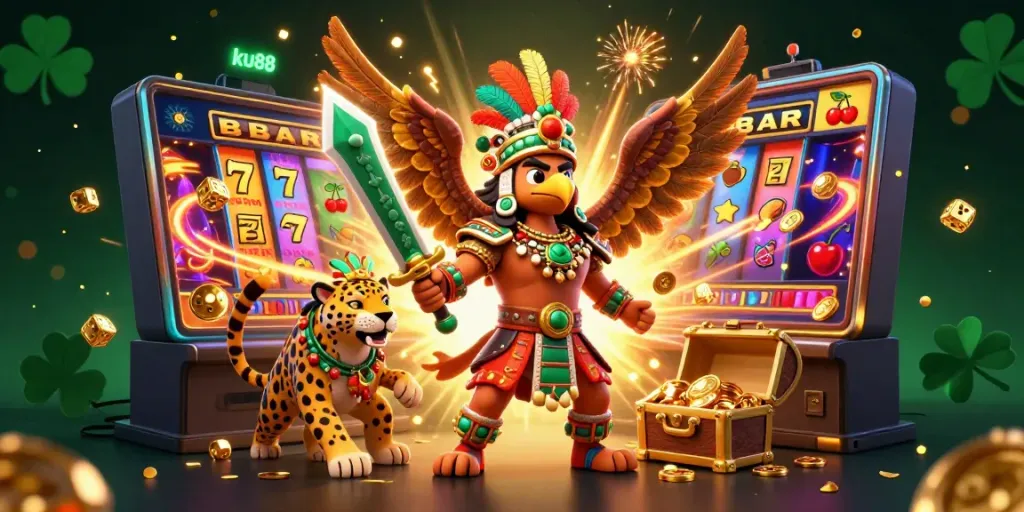 Experience ku88 excitement with Aztec warriors, jackpot slots, and vibrant casino elements!