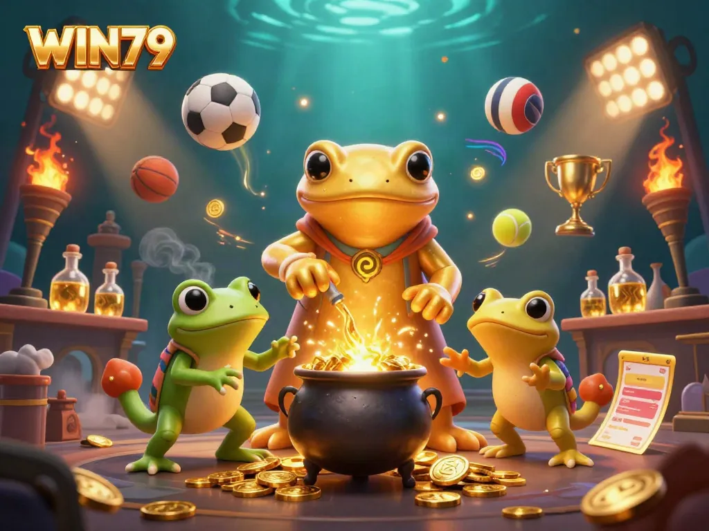 Experience the thrill of WIN79 with a dynamic 3D illustration showcasing gold coins and gaming elements.