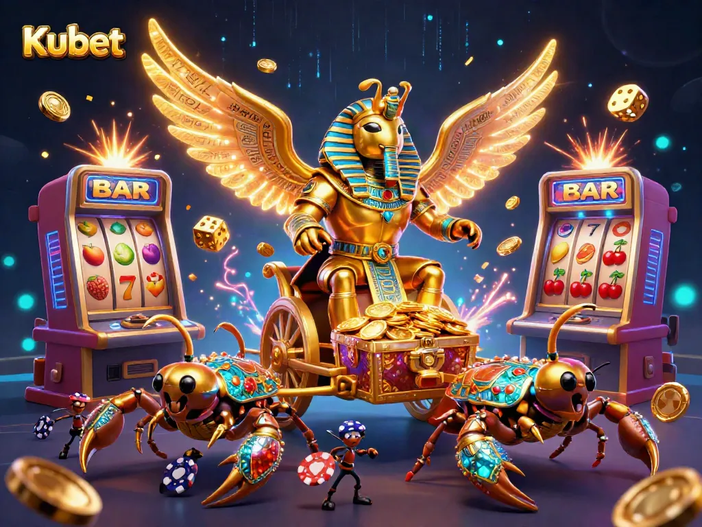 Kubet showcases a vibrant casino scene with captivating characters, bursting jackpots, and dynamic gaming elements.