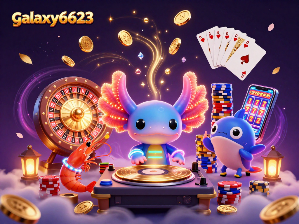 Engage with galaxy6623 as neon-colored axolotl DJ spins golden records amidst a vibrant underwater casino scene.